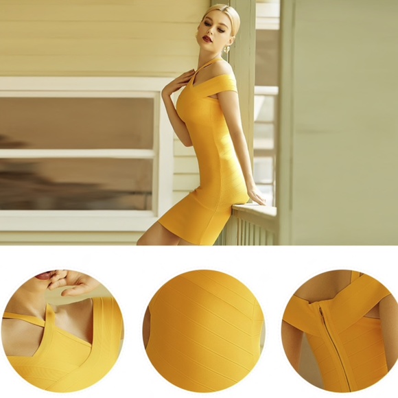 BEVERLY HILLS BOUTIQUE NEW! ELEGANT YELLOW BANDAGE DRESS CROSS NECK OFF SHOULDER - Picture 5 of 10